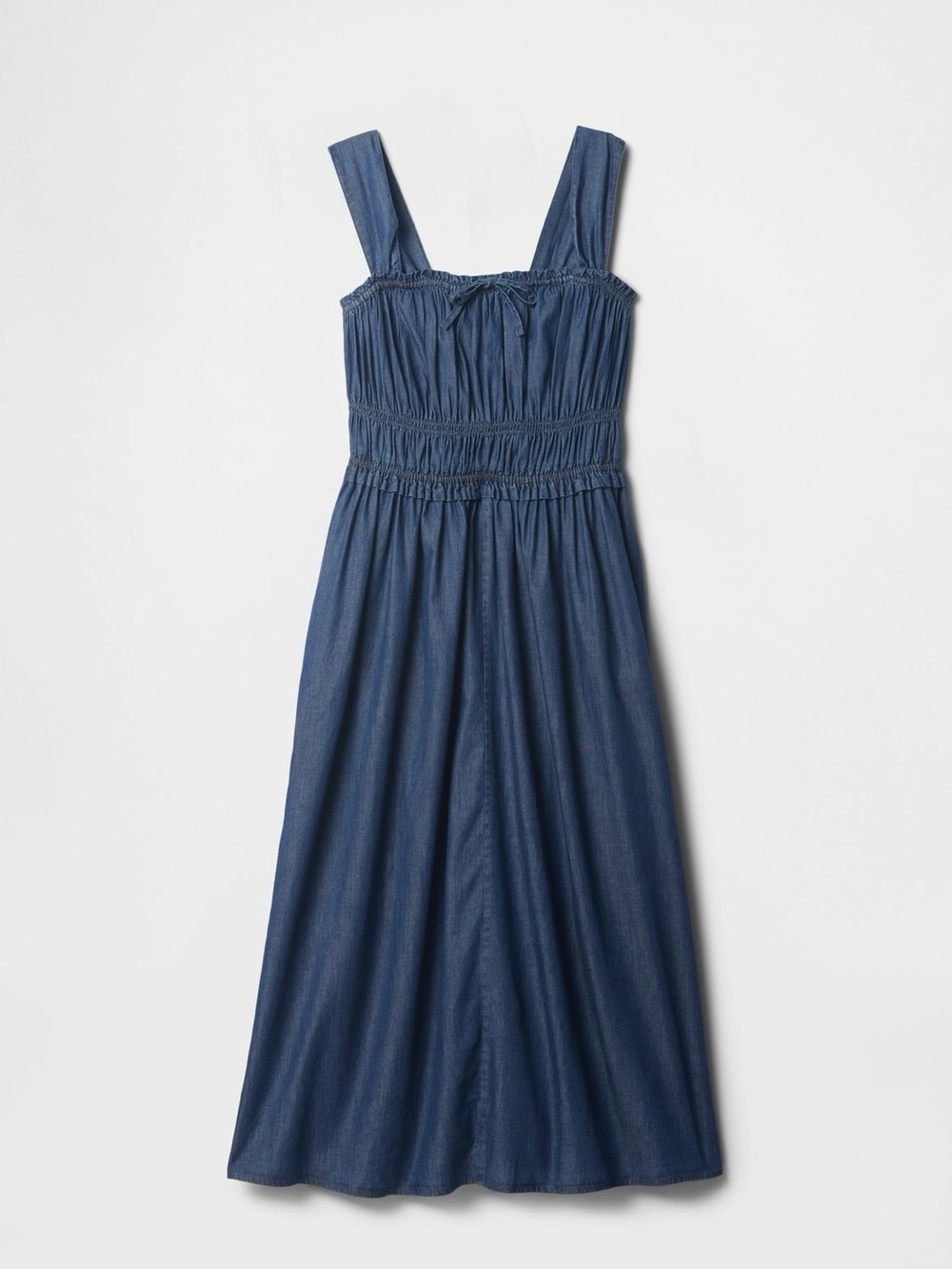 Gap Denim Milkmaid Cotton Western Smocked Tie Front Midi Casual Dress, Size XL - Picture 2 of 15